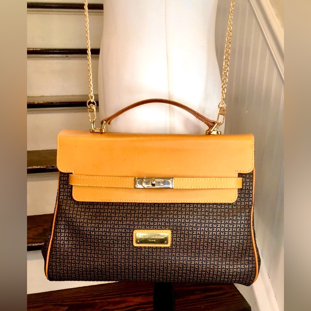 TED LAPIDUS Caramel Leather Top Handle & Monogram Logo Vinyl Crossbody Satchel - Picture 8 of 16
